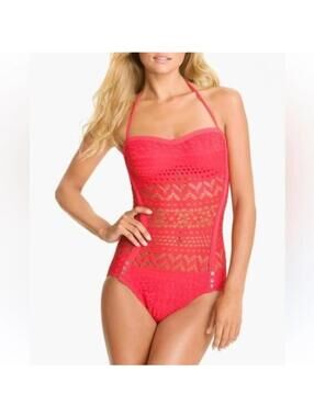 Robin Piccone Red Crochet Lace Swimsuit with Button Detail Stylish size 6